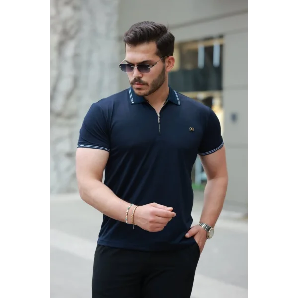 Erkek Yaka Ve Kolları çizgi Detaylı Fermuar Yakalı Kısa Kollu Tişört