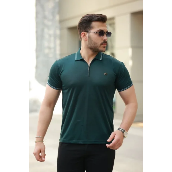 Erkek Yaka Ve Kolları çizgi Detaylı Fermuar Yakalı Kısa Kollu Tişört