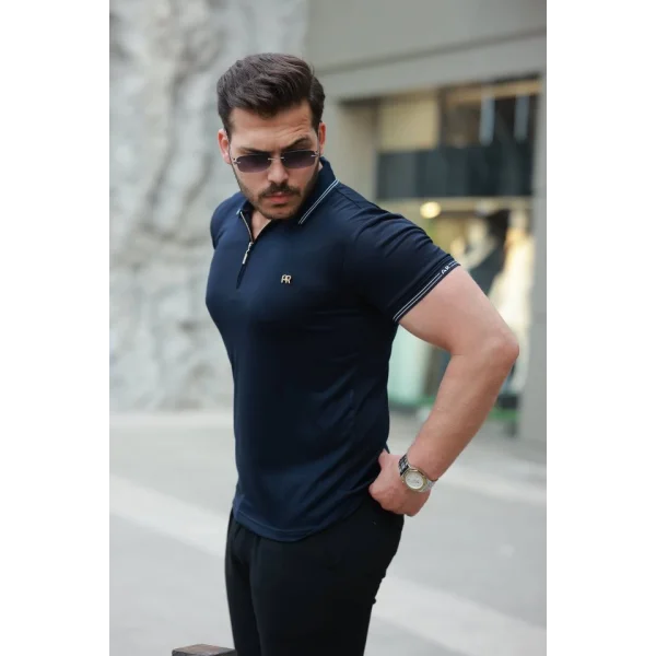 Erkek Yaka Ve Kolları çizgi Detaylı Fermuar Yakalı Kısa Kollu Tişört