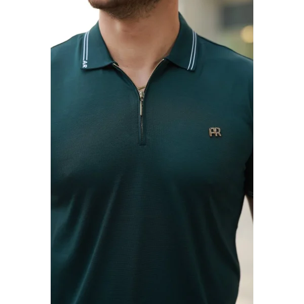 Erkek Yaka Ve Kolları çizgi Detaylı Fermuar Yakalı Kısa Kollu Tişört