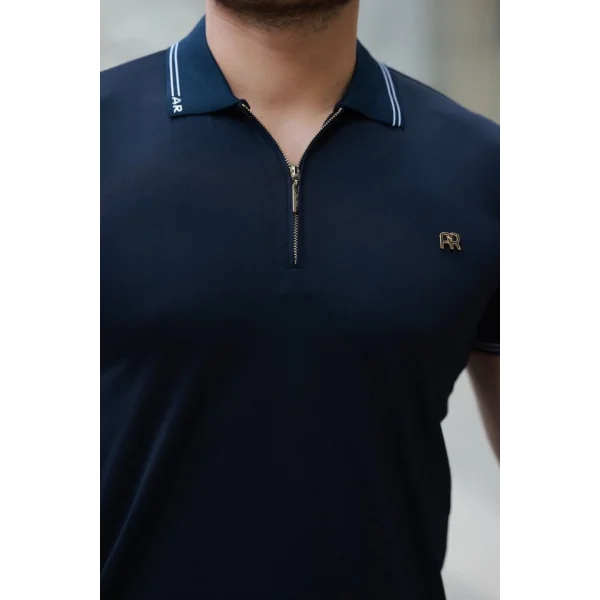 Erkek Yaka Ve Kolları çizgi Detaylı Fermuar Yakalı Kısa Kollu Tişört