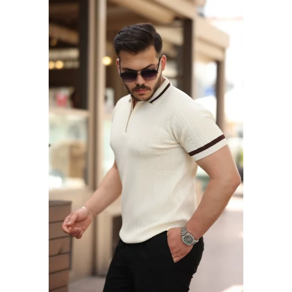 Erkek Yaka Ve Kolları çizgi Detaylı Fermuarlı Kısa Kollu T-shirt