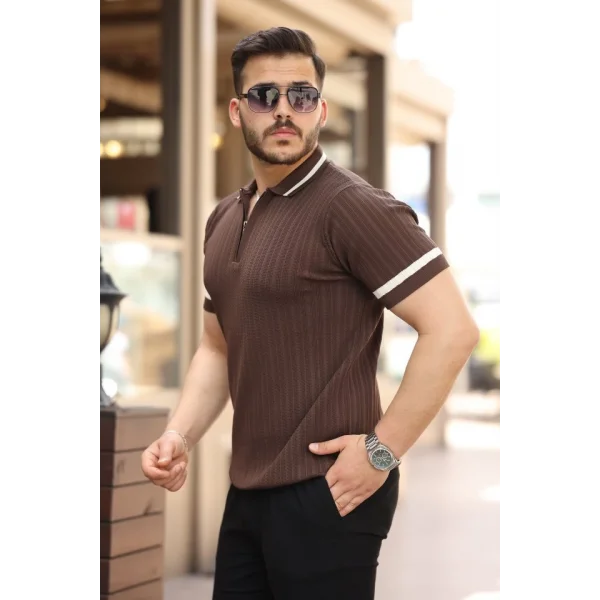 Erkek Yaka Ve Kolları çizgi Detaylı Fermuarlı Kısa Kollu T-shirt