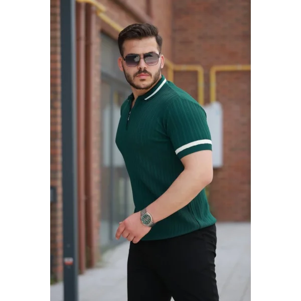 Erkek Yaka Ve Kolları çizgi Detaylı Fermuarlı Kısa Kollu T-shirt