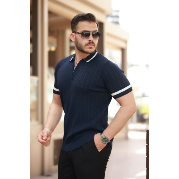 Erkek Yaka Ve Kolları çizgi Detaylı Fermuarlı Kısa Kollu T-shirt