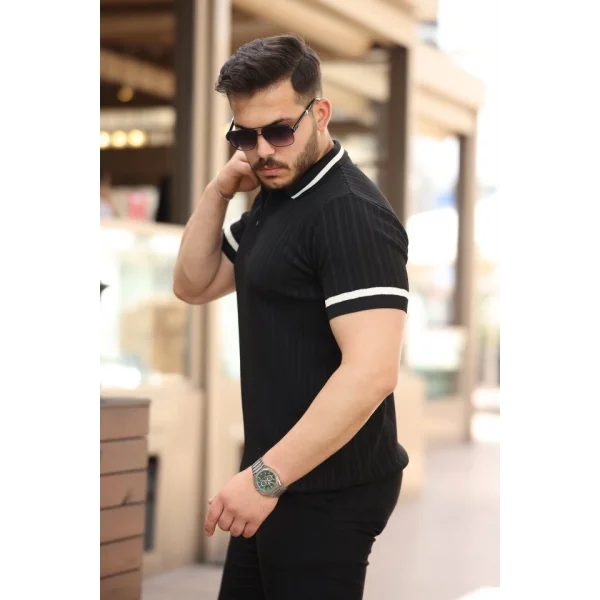 Erkek Yaka Ve Kolları çizgi Detaylı Fermuarlı Kısa Kollu T-shirt