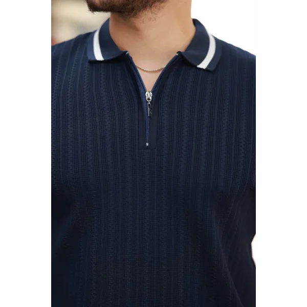 Erkek Yaka Ve Kolları çizgi Detaylı Fermuarlı Kısa Kollu T-shirt