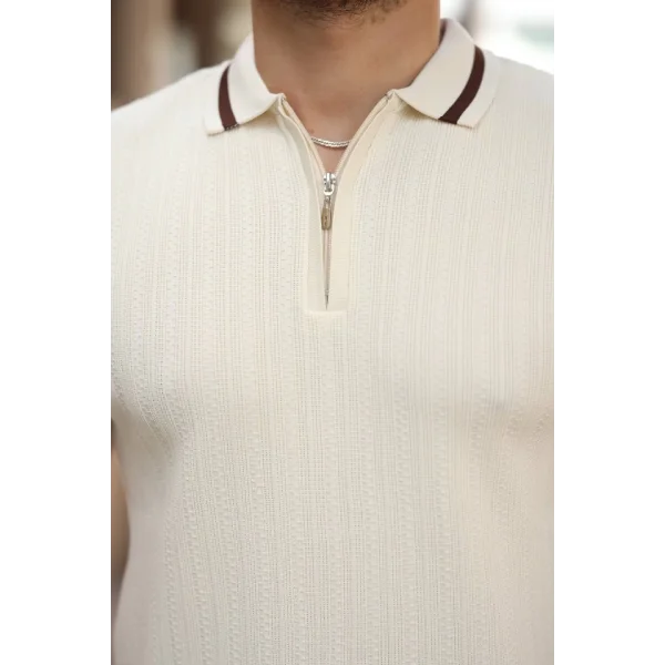 Erkek Yaka Ve Kolları çizgi Detaylı Fermuarlı Kısa Kollu T-shirt