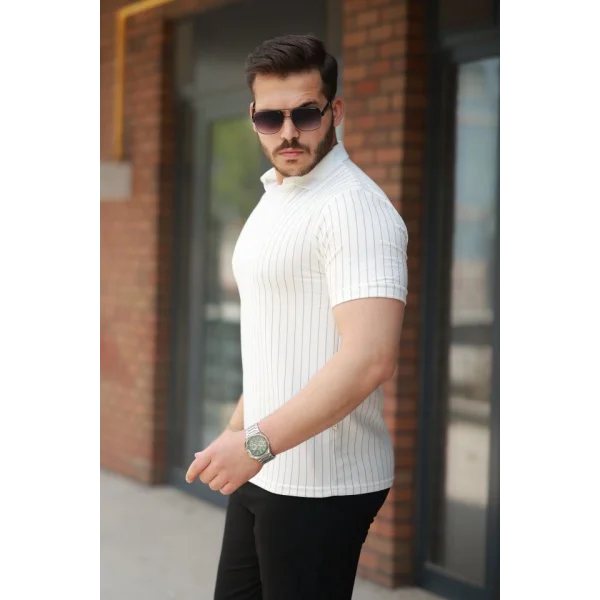 Erkek Yakalı çizgi Desenli Kısa Kollu Tişört