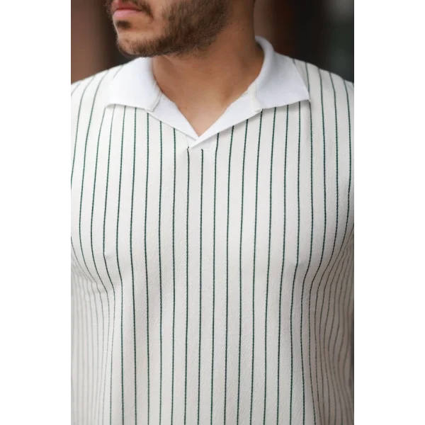 Erkek Yakalı çizgi Desenli Kısa Kollu Tişört