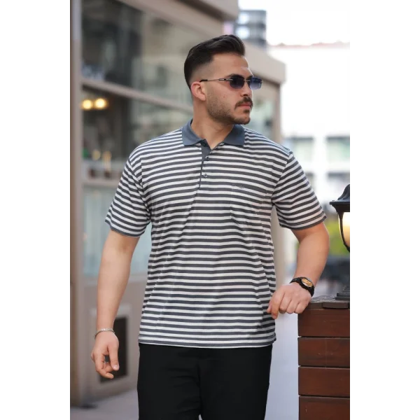 Erkek Yakalı çizgili Kısa Kollu T-shirt