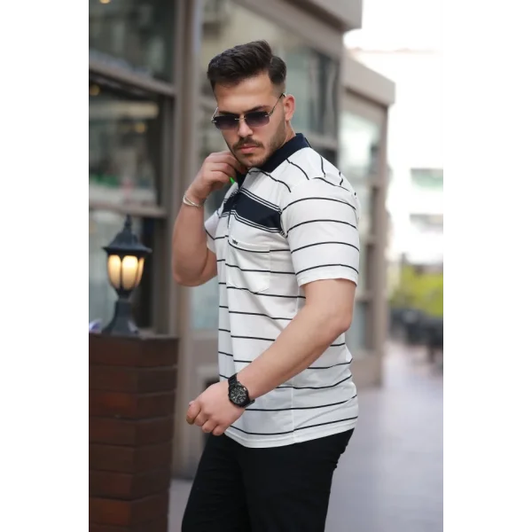 Erkek Yakalı çizgili Kısa Kollu T-shirt