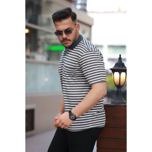 Erkek Yakalı çizgili Kısa Kollu T-shirt