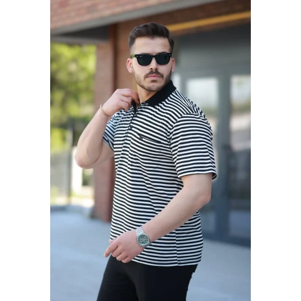 Erkek Yakalı çizgili Kısa Kollu T-shirt