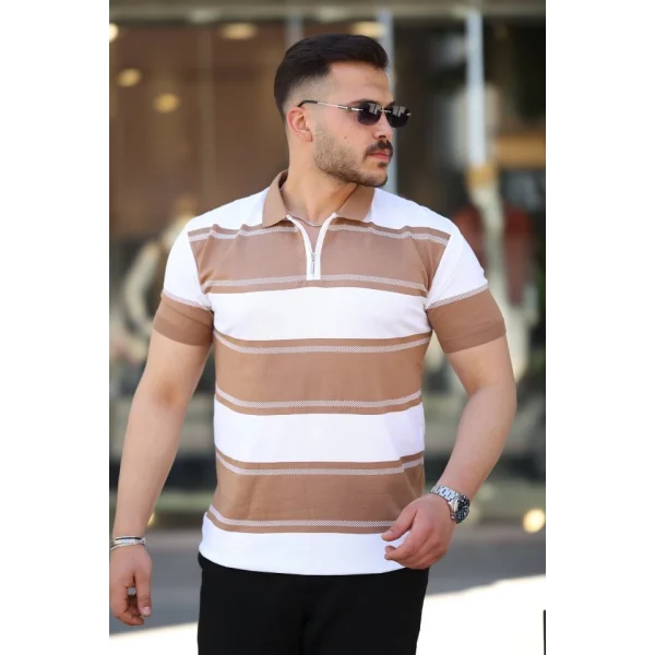 Erkek Yakalı Fermuarlı çift Renk Kısa Kollu T-shirt