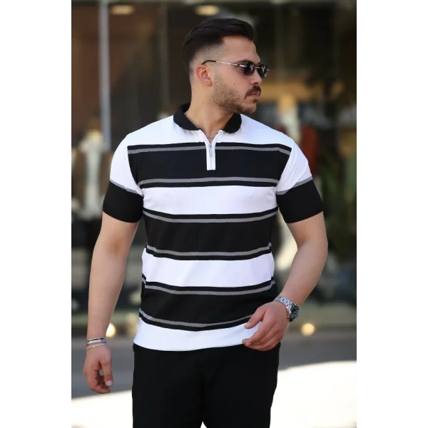 Erkek Yakalı Fermuarlı çift Renk Kısa Kollu T-shirt