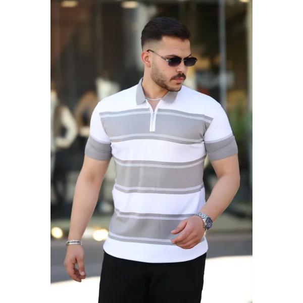 Erkek Yakalı Fermuarlı çift Renk Kısa Kollu T-shirt