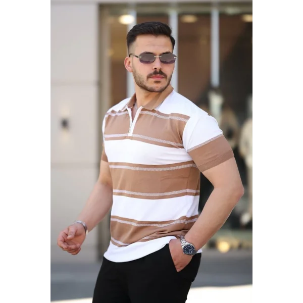 Erkek Yakalı Fermuarlı çift Renk Kısa Kollu T-shirt