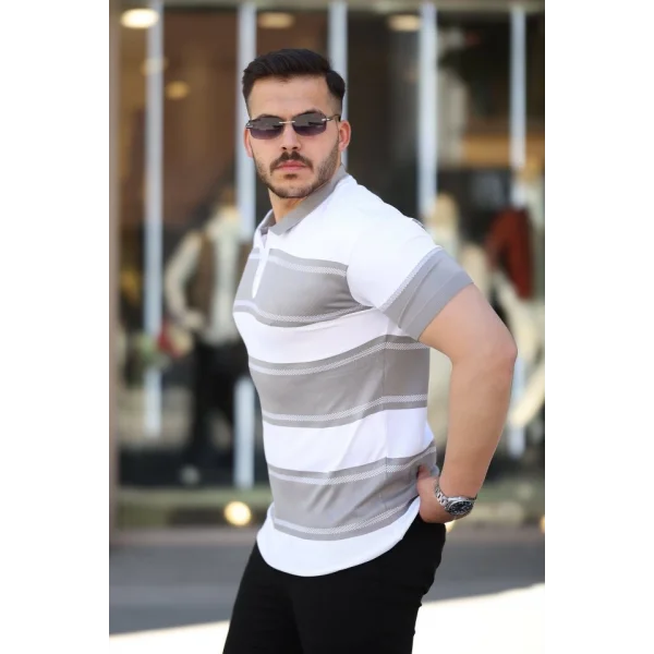 Erkek Yakalı Fermuarlı çift Renk Kısa Kollu T-shirt