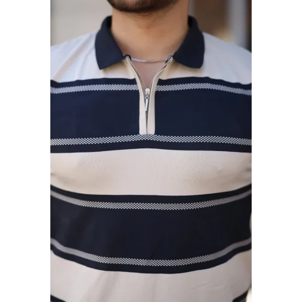 Erkek Yakalı Fermuarlı çift Renk Kısa Kollu T-shirt