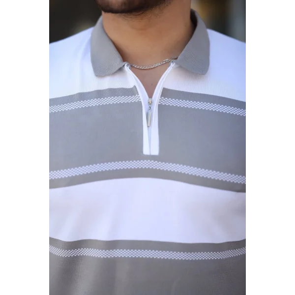 Erkek Yakalı Fermuarlı çift Renk Kısa Kollu T-shirt