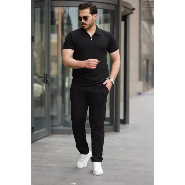 Erkek Yakalı Fermuarlı T-shirt Pantolon Ikili Rahat Takım