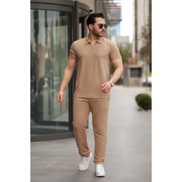 Erkek Yakalı Fermuarlı T-shirt Pantolon Ikili Rahat Takım