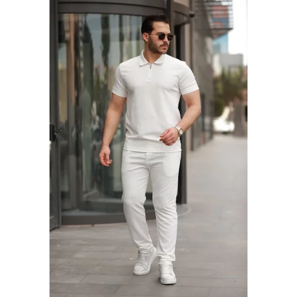 Erkek Yakalı Fermuarlı T-shirt Pantolon Ikili Rahat Takım