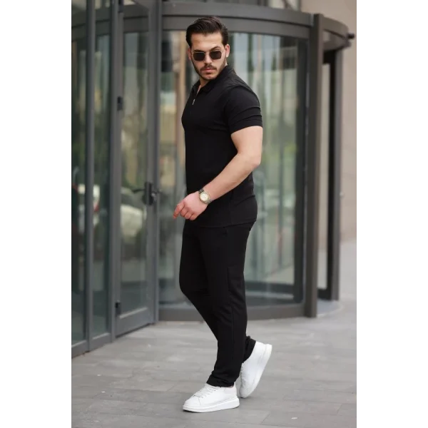 Erkek Yakalı Fermuarlı T-shirt Pantolon Ikili Rahat Takım