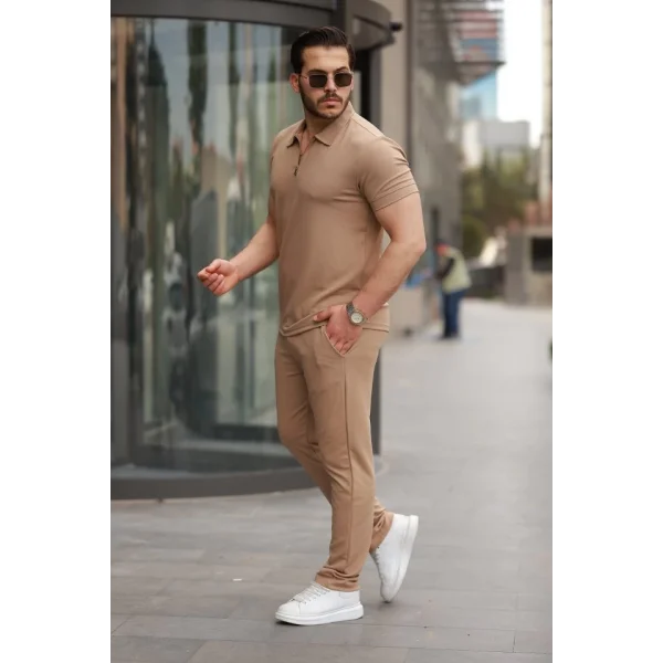 Erkek Yakalı Fermuarlı T-shirt Pantolon Ikili Rahat Takım