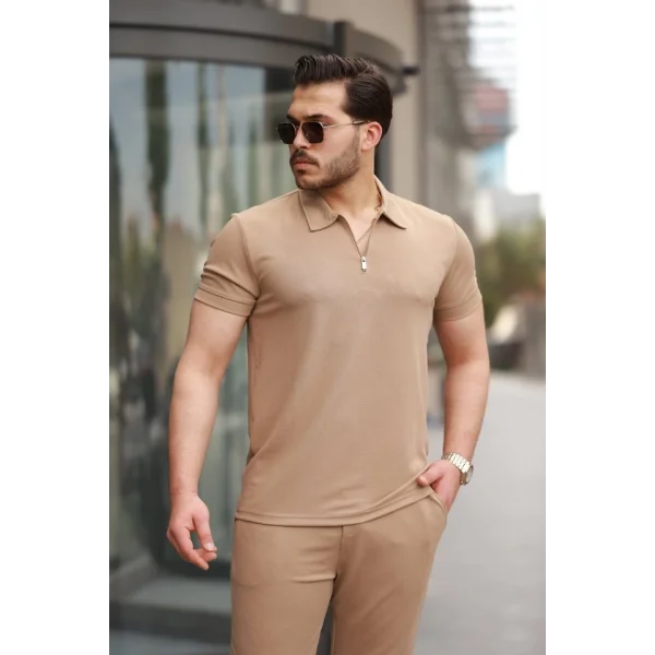 Erkek Yakalı Fermuarlı T-shirt Pantolon Ikili Rahat Takım