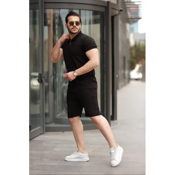 Erkek Yakalı Fermuarlı T-shirt şort Ikili Takım