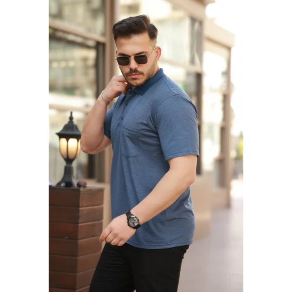 Erkek Yakalı Mini Jakarlı Kısa Kollu T-shirt