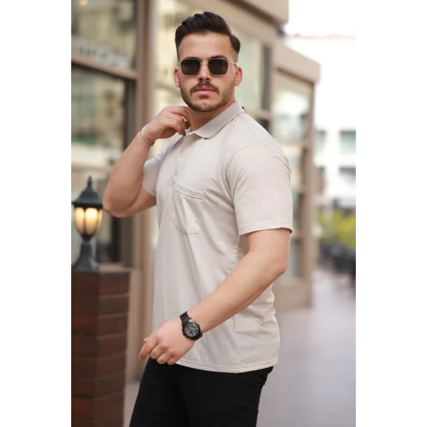 Erkek Yakalı Mini Jakarlı Kısa Kollu T-shirt