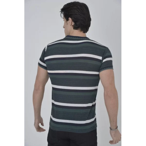 Erkek Yakalı Slim Fit Dokuma Çizgili T-Shirt - Haki