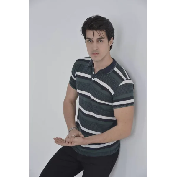 Erkek Yakalı Slim Fit Dokuma Çizgili T-Shirt - Haki