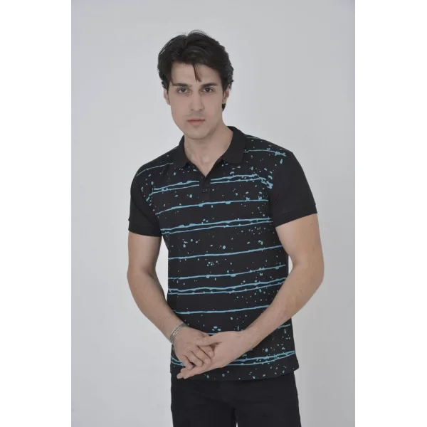 Erkek Yakalı Slim Fit Pike Çizgili T-Shirt - Siyah
