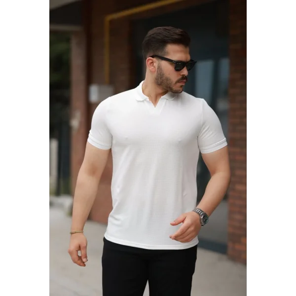 Erkek Yakalı Waffle Dokulu Kısa Kollu Tişört