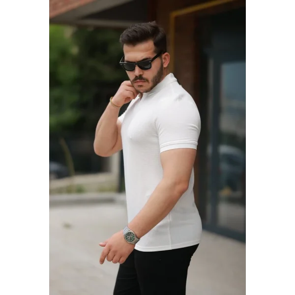 Erkek Yakalı Waffle Dokulu Kısa Kollu Tişört