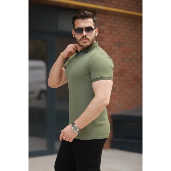 Erkek Yakalı Waffle Dokulu Kısa Kollu Tişört