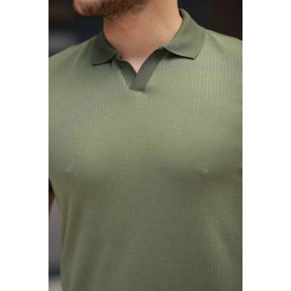 Erkek Yakalı Waffle Dokulu Kısa Kollu Tişört