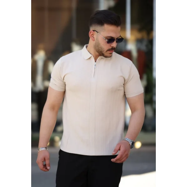 Erkek Yakası Fermuarlı Kısa Kollu T-shirt