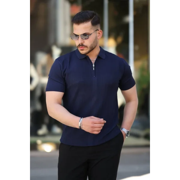 Erkek Yakası Fermuarlı Kısa Kollu T-shirt
