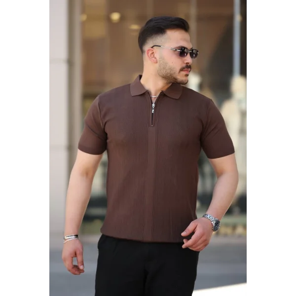 Erkek Yakası Fermuarlı Kısa Kollu T-shirt