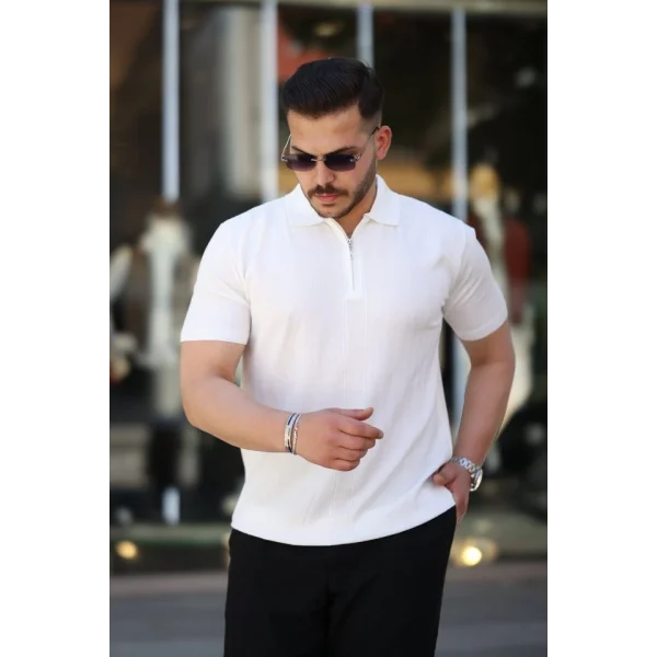 Erkek Yakası Fermuarlı Kısa Kollu T-shirt