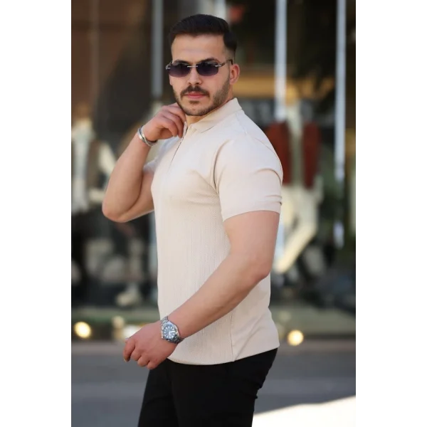 Erkek Yakası Fermuarlı Kısa Kollu T-shirt