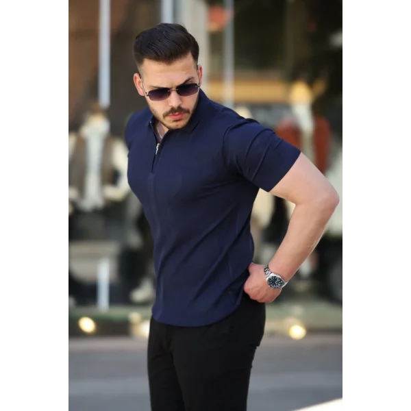 Erkek Yakası Fermuarlı Kısa Kollu T-shirt