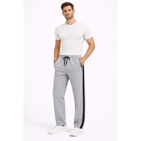 Erkek Yandan Şeritli Boru Paça Eşofman Altı 3 Iplik Pamuklu Eşofman - Gri