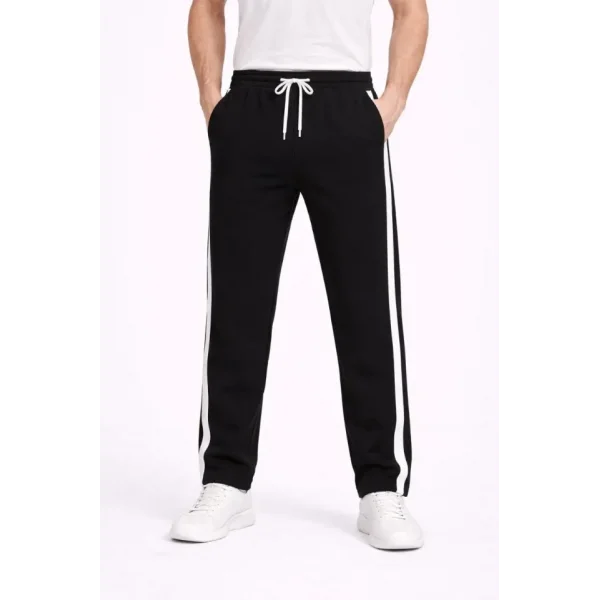 Erkek Yandan Şeritli Boru Paça Eşofman Altı 3 Iplik Pamuklu Eşofman - Siyah