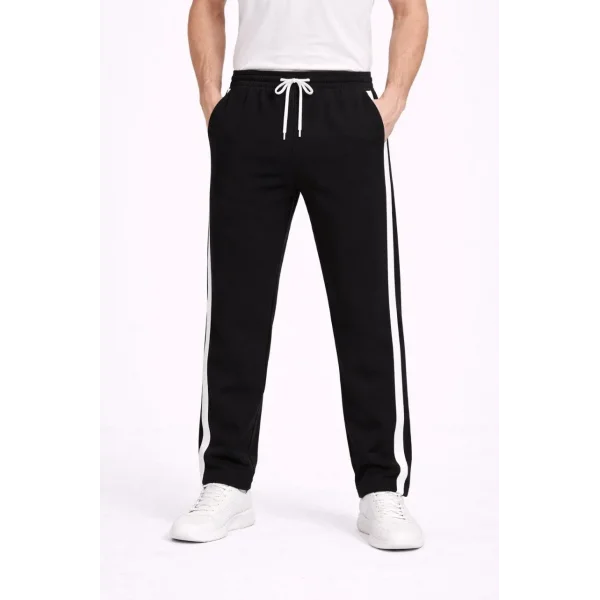 Erkek Yandan Şeritli Boru Paça Eşofman Altı 3 iplik Pamuklu Eşofman - Siyah